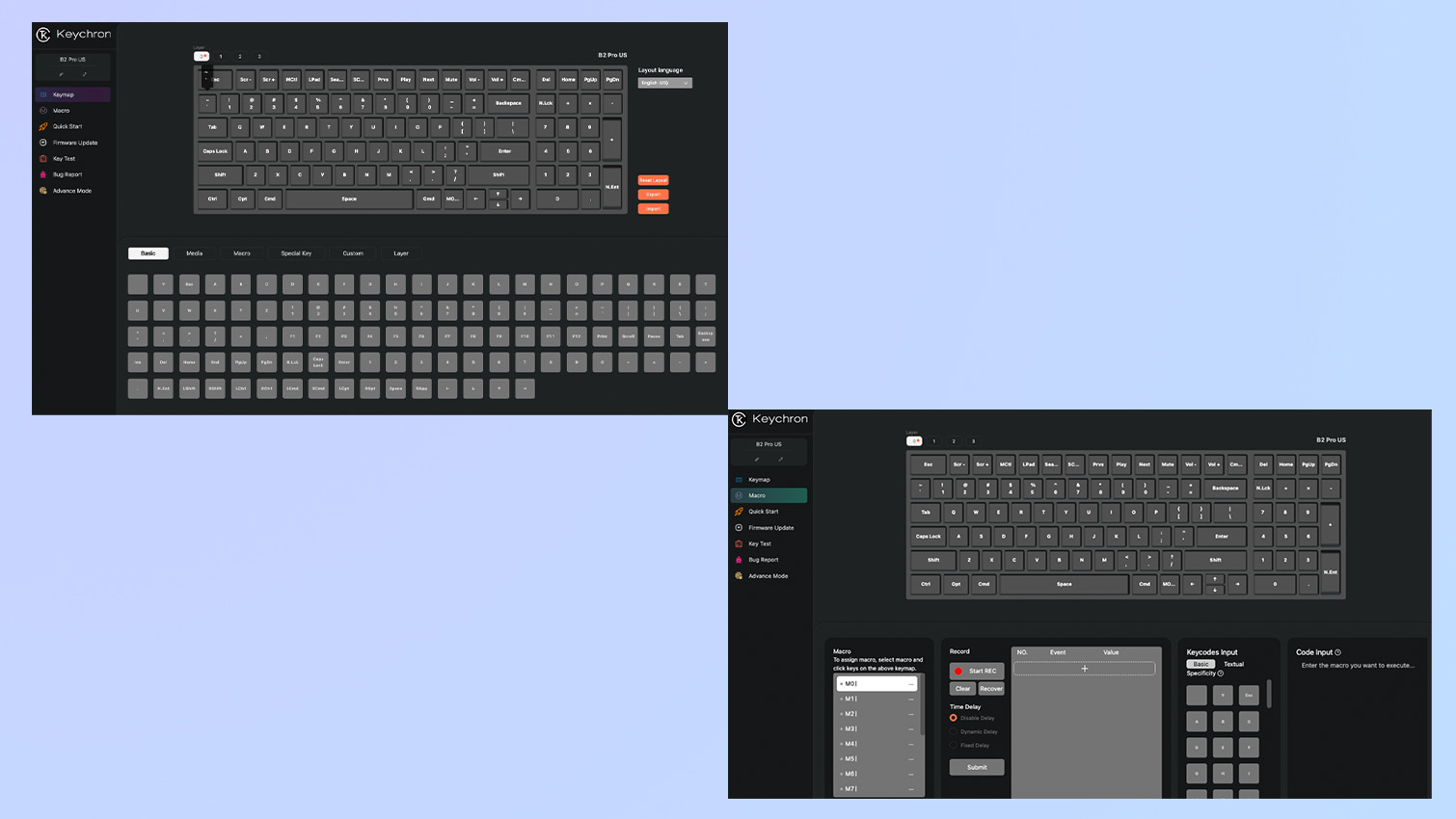 Screenshots from Keychron launcher customization software