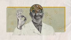 Photo collage of a man wearing a lab coat with his forehead is cut away, to reveal a mould-filled Petri dish behind. His hand is raised, showing the "ok" gesture and revealing several additional fingers sprouting from it, and his mouth is unnaturally positioned on the face and filled with far too many teeth.