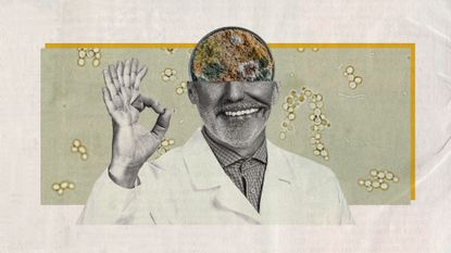 Photo collage of a man wearing a lab coat with his forehead is cut away, to reveal a mould-filled Petri dish behind. His hand is raised, showing the &quot;ok&quot; gesture and revealing several additional fingers sprouting from it, and his mouth is unnaturally positioned on the face and filled with far too many teeth.