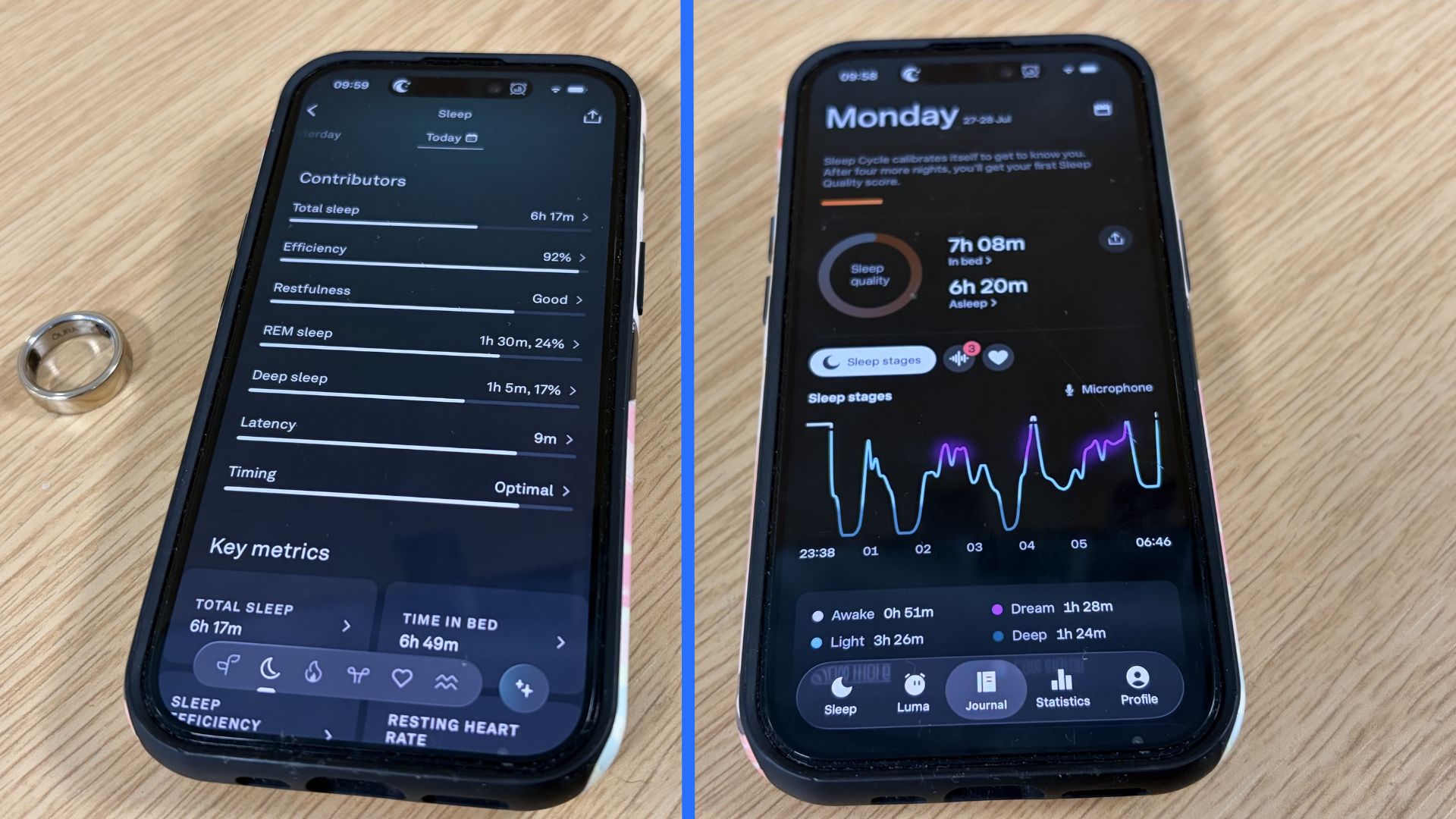 A split screen of an iPhone 15 displaying the Oura sleep-tracking app and the Sleep Cycle app.