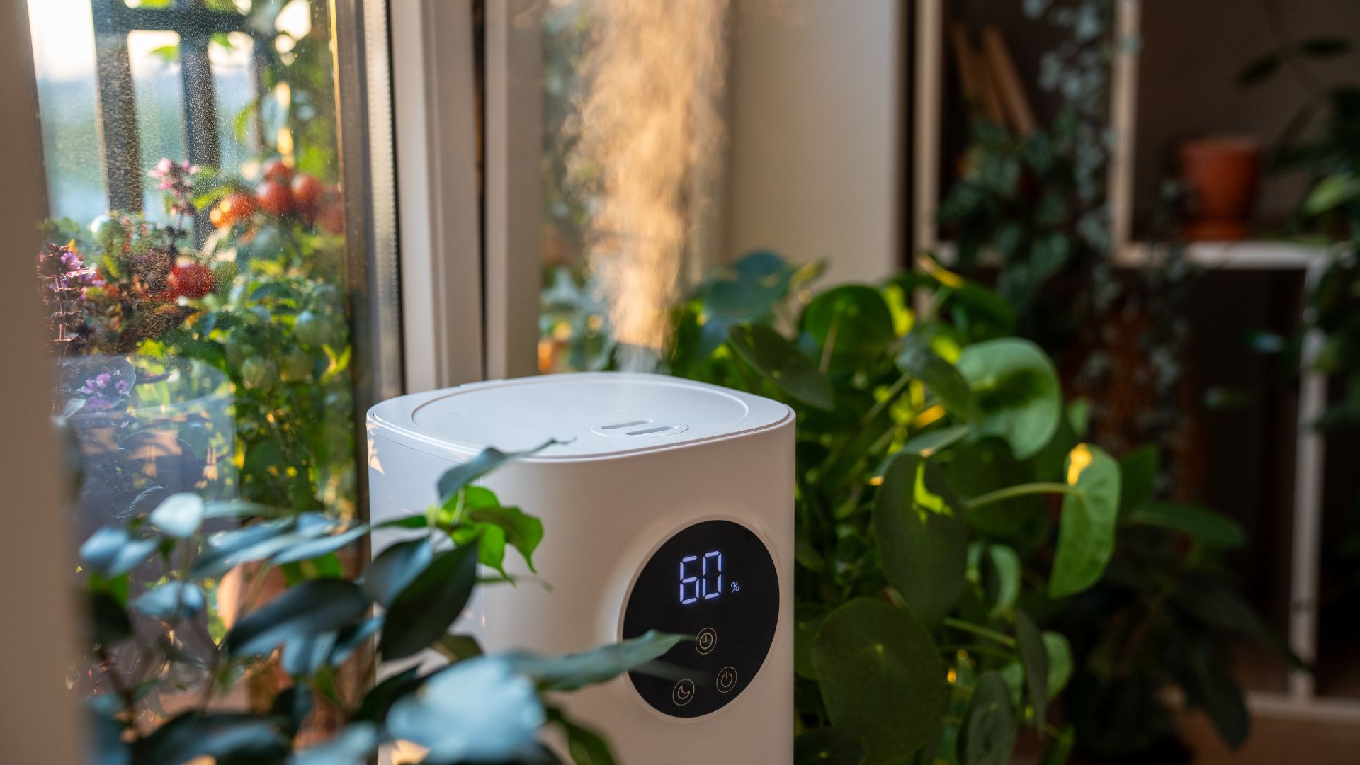 picture of humidifier on in a room with houseplants
