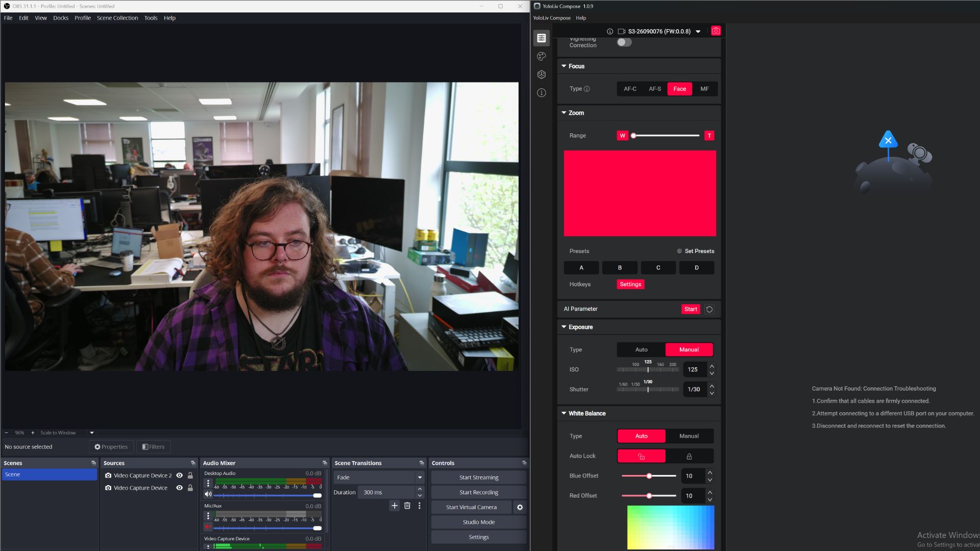 Yololive YoloCam S3 webcam settingswith vignette correction off and settings tweaked