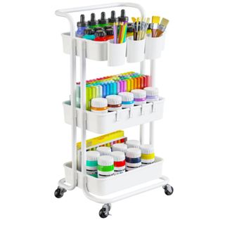 3 tier rolling cart on wheels with craft paints, pens, felt tips stored