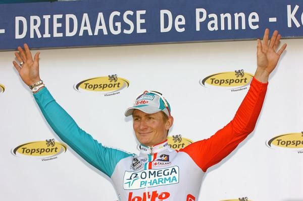Stage 1 winner Andr&eacute; Greipel (Omega Pharma - Lotto) on the podium.