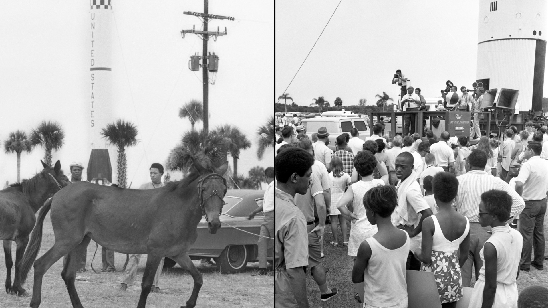 a black and white photo of people standing around a stage with microphones and speakers