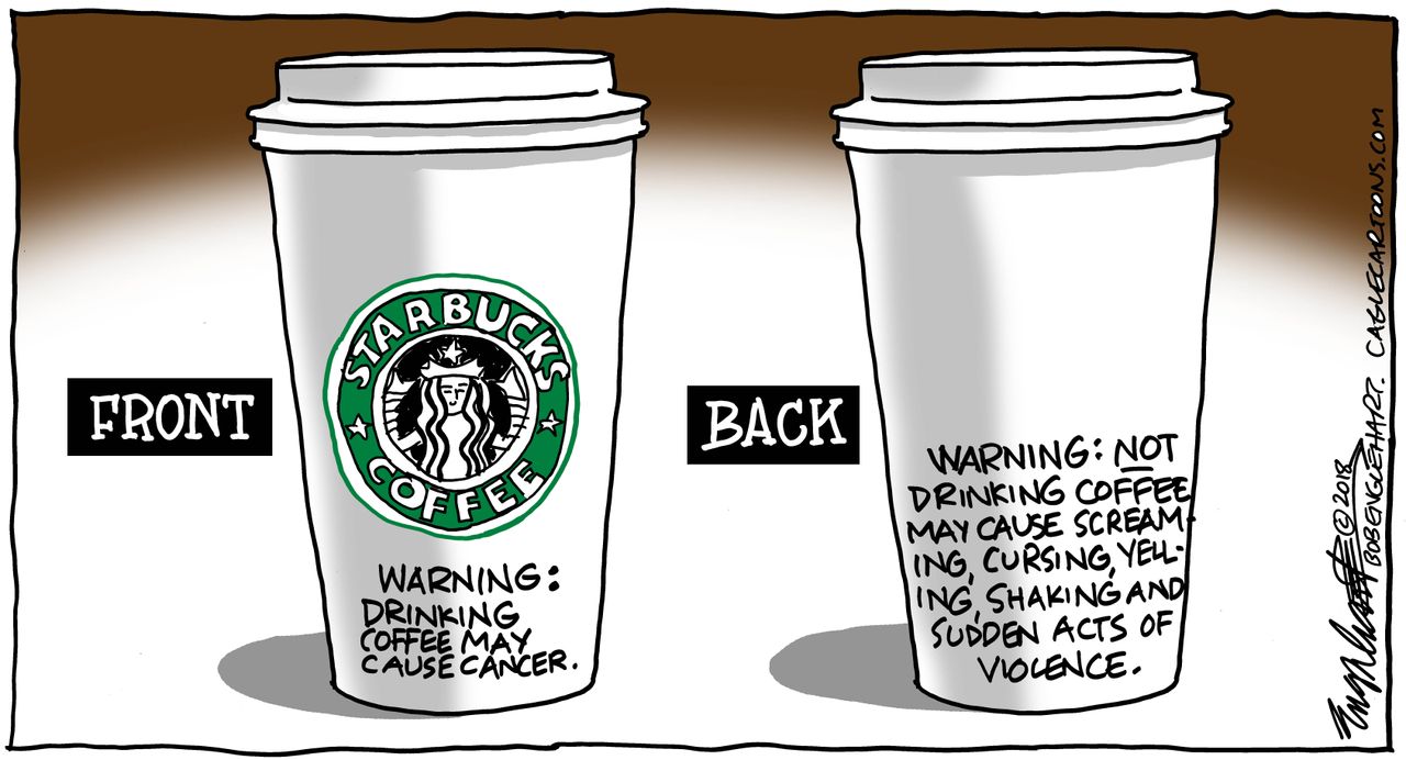 Editorial cartoon U.S. coffee cancer warning Starbucks caffeine addiction