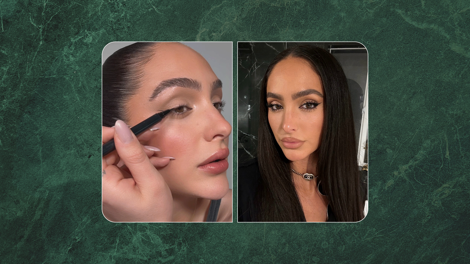 A GIF of Ash K. Holm applying eyeliner next to a picture of Ash K. Holm with winged liner. 