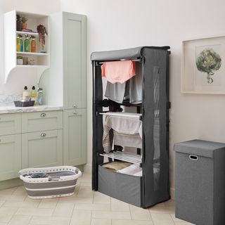 Lakeland Dry:Soon Tri:Mode in kitchen in compact mode with laundry baskets in use
