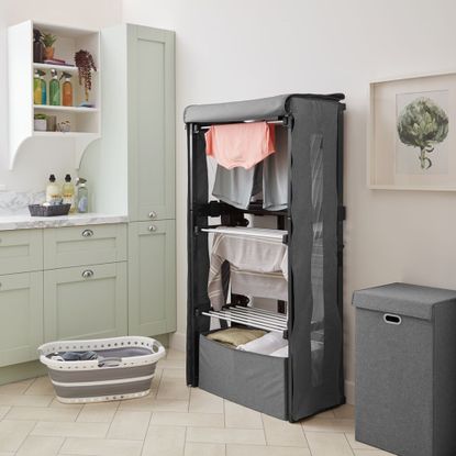 Lakeland Dry:Soon TriMode in kitchen in compact mode with laundry baskets in use