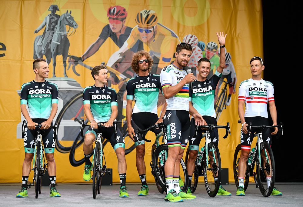Peter Sagan takes over introductions for Bora-Hansgrohe at the 2018 Tour de France team presentation