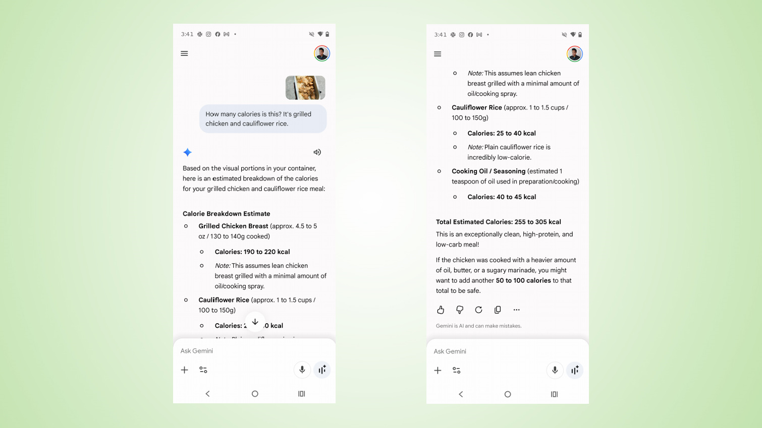 Google Gemini calorie tracker screenshots.