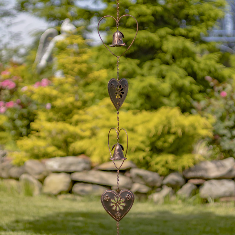 Arlmont &amp;amp; Co. 96.25" Long Antique Bronze Iron Rain Chain With Hearts &amp;amp; Bell Accents | Wayfair