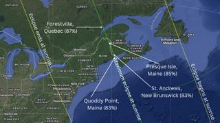 map showing where the best locations for the sunrise eclipse will be located.