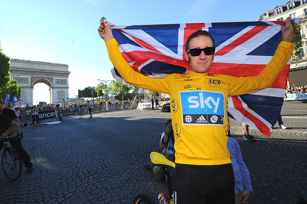 Bradley Wiggins (Team Sky) celebrates victory at the 2012 Tour de France in Paris