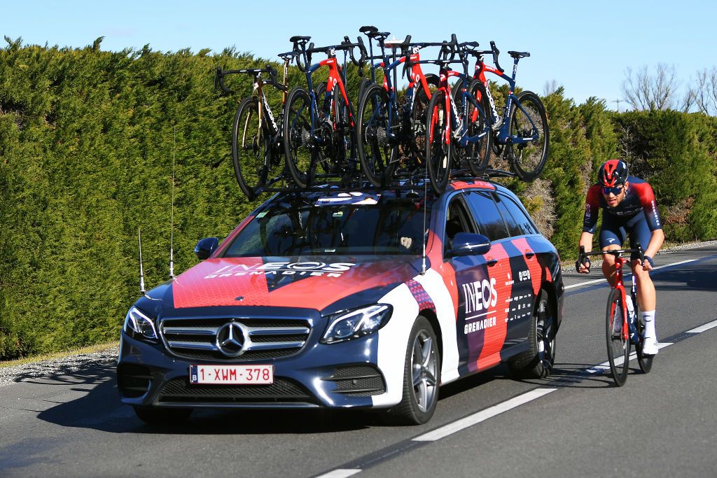 BELLEGARDESURVALSERINE FRANCE FEBRUARY 02 Filippo Ganna of Italy and Team INEOS Grenadiers competes during the 52nd toile De Bessges Tour Du Gard 2022 Stage 1 a 1608km stage from Bellegarde to Bellegarde 161m EtoiledeBesseges EDB2022 on February 02 2022 in BellegardesurValserine France Photo by Luc ClaessenGetty Images