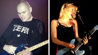 Left&ndash;Billy Corgan is shown performing on stage during a "live" concert appearance with The Smashing Pumpkins on January 25, 1997; Right&ndash;Courtney Love of Hole on 7/15/95 in Chicago, Il