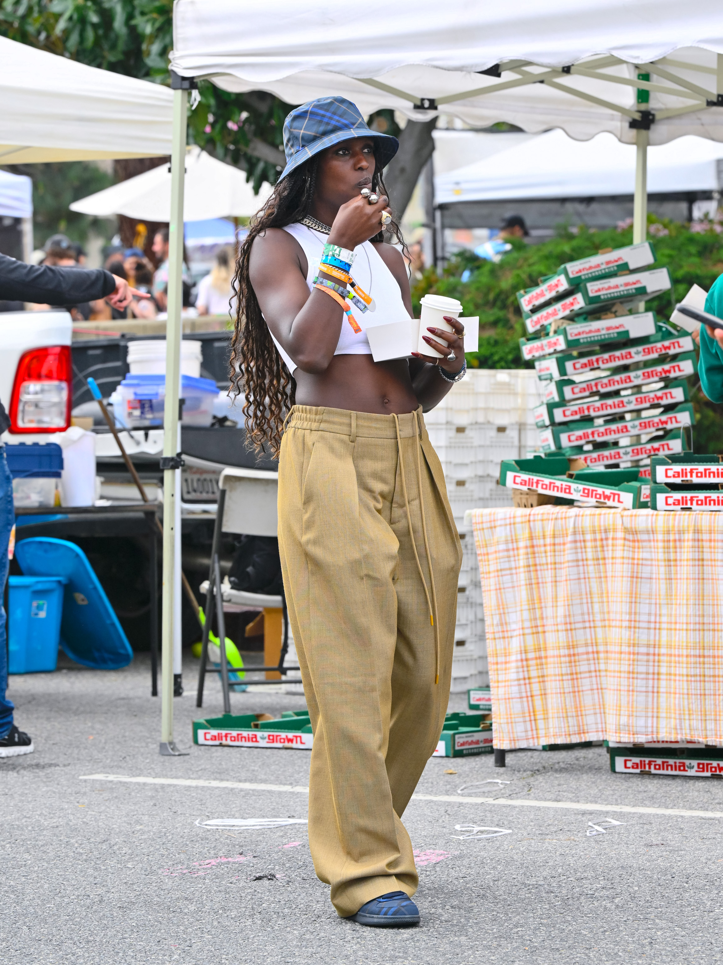 Jodie Turner Smith wore a bucket hat in April