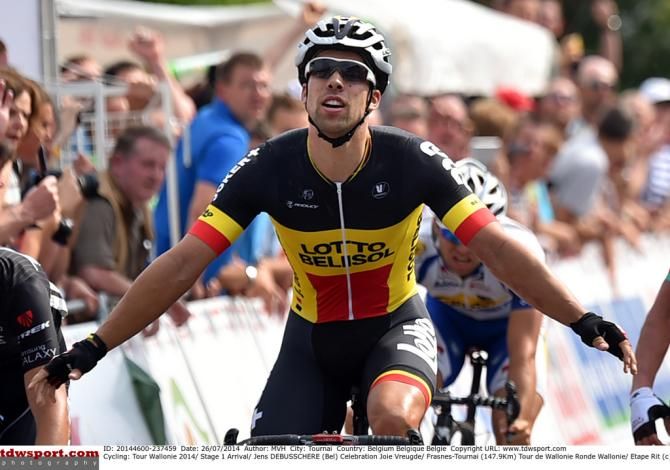 Jens Debusschere (Lotto Belisol) celebrates stage 1 victory
