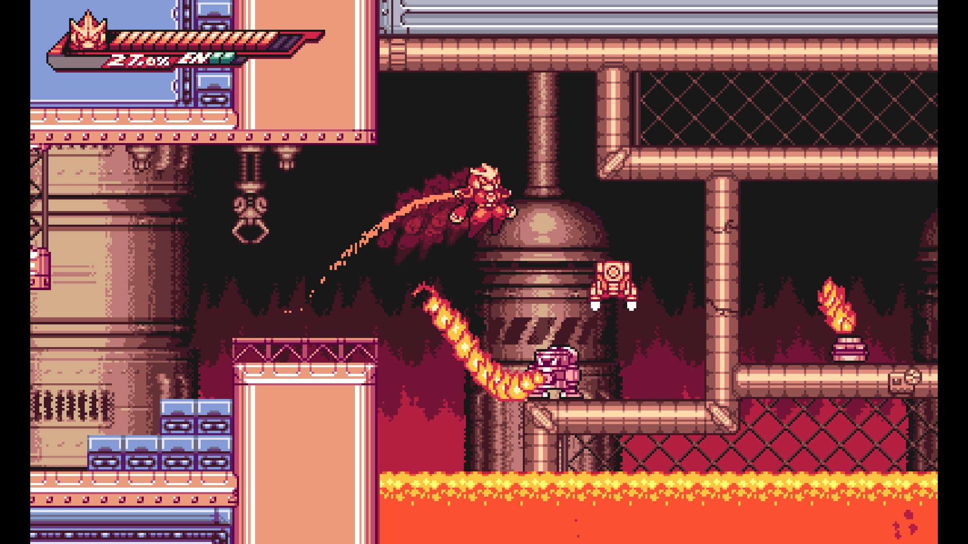 A character leaps over lava to avoid enemies