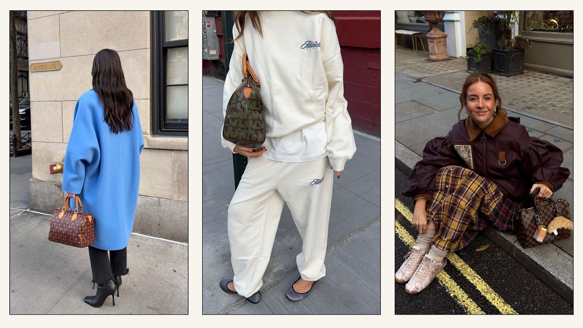 Collage of influencers wearing the Louise Vuitton Speedy bag.