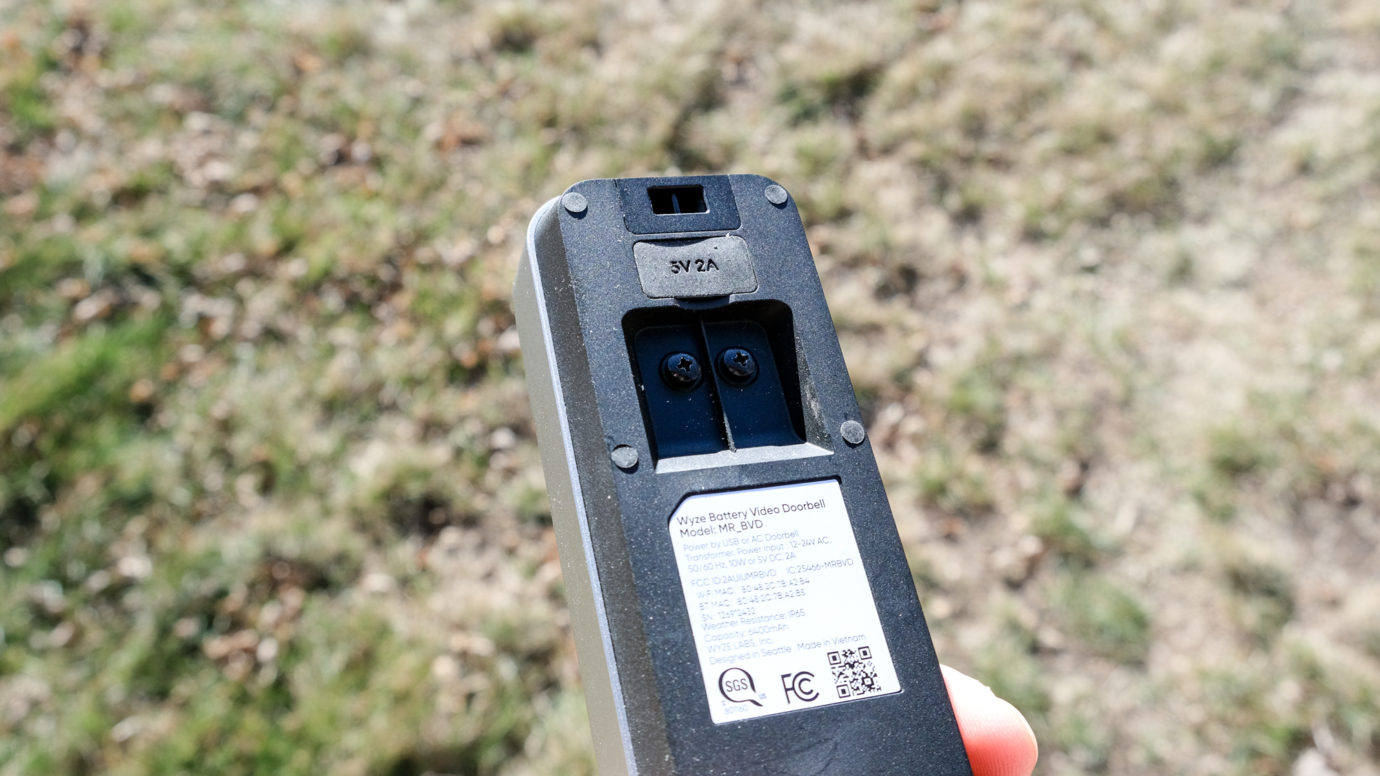 Showing the ports on the back of a Wyze Battery Video Doorbell