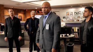 LL Cool J in NCIS bullpen set with Wilmer Valderrama, Sean Murray and Gary Cole