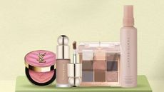 Sephora products collection on front of a light green background.