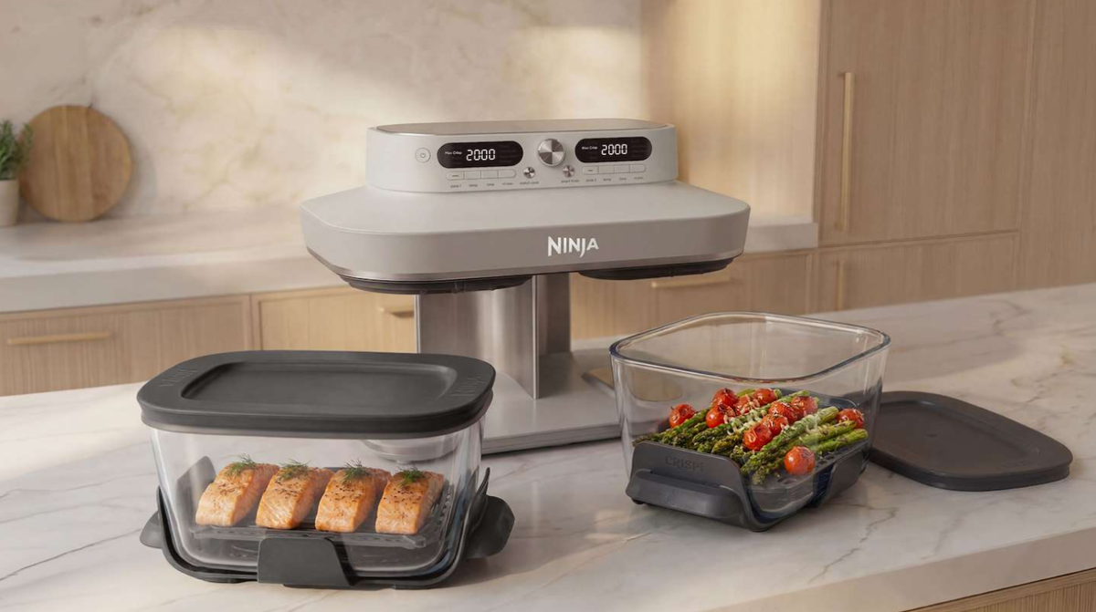 Ninja Crispi DualZone Air Fryer with containers of salmon and vegetables removed
