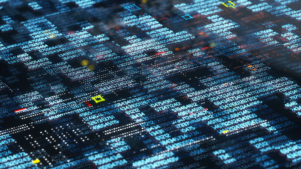 Cloud complexity concept art showing scattered binary code with different colored lines of code interwoven on a digital interface.