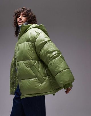 Topshop Hooded Mid Puffer Jacket in Bright Green