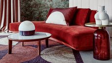 living room with modern red couch