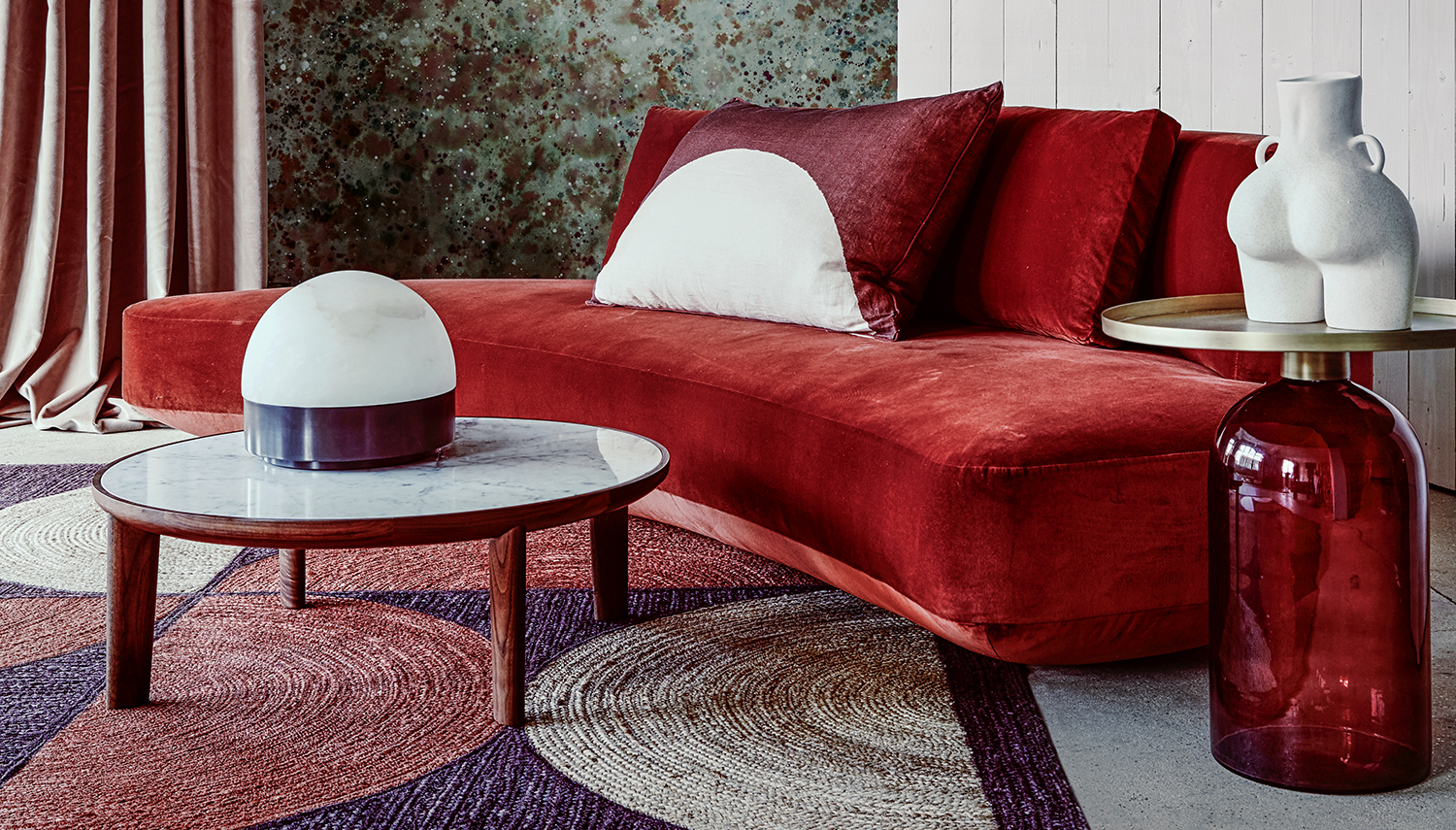 living room with modern red couch