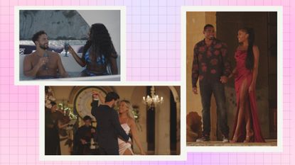 Lochan and Whitney, Sammy and Jess and Ella and Tyrique from Love Island 2023, in a pink and purple 3-picture template