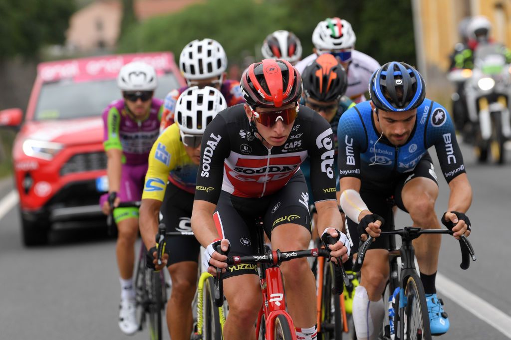 ETNALINGUAGLOSSA ITALY OCTOBER 05 Matthew Holmes of The United Kingdom and Team Lotto Soudal Victor Campenaerts of Belgium and NTT Pro Cycling Team Jonathan Caicedo Cepeda of Ecuador and Team EF Pro Cycling Giovanni Visconti of Italy and Team Vini Zabu KTM Breakaway during the 103rd Giro dItalia 2020 Stage Three a 150km stage from Enna to Etna Linguaglossa Piano Provenzana 1793m girodiitalia Giro on October 05 2020 in Linguaglossa Italy Photo by Tim de WaeleGetty Images