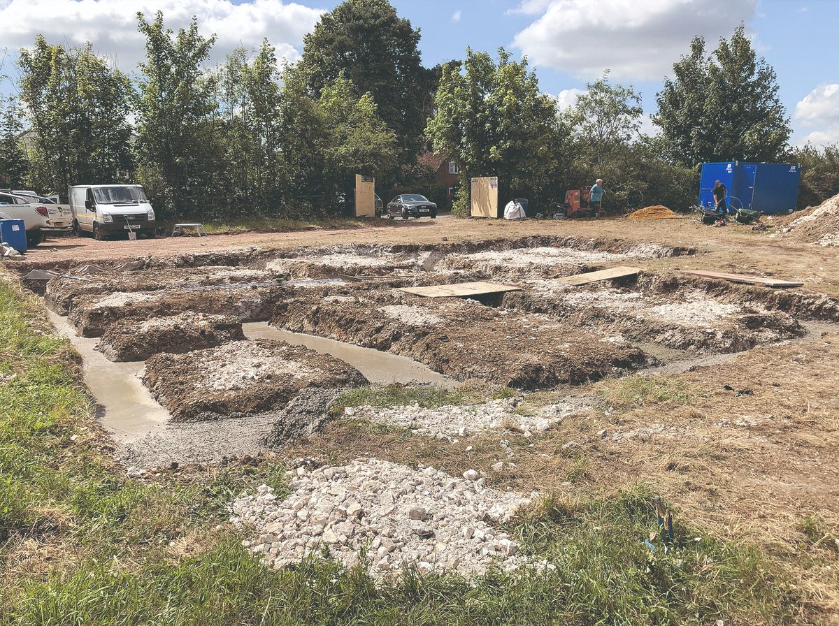 A construction site where trenches have been dug into the chalk