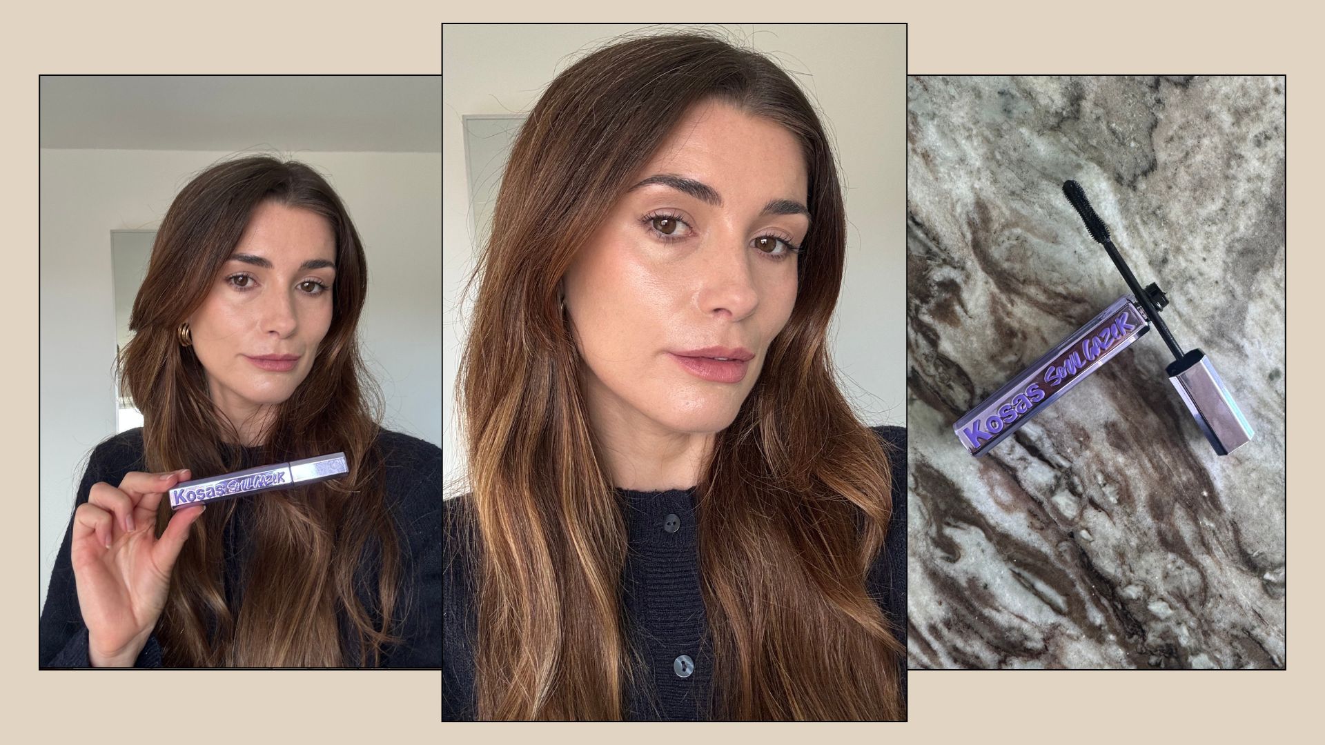 A graphic with Eleanor testing the Kosas Soulgazer mascara
