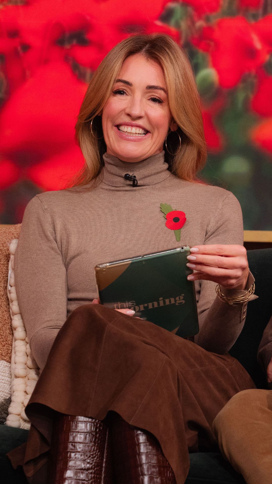 Cat Deeley wearing brown suede RIXO midi skirt on This Morning on 11 November 2025