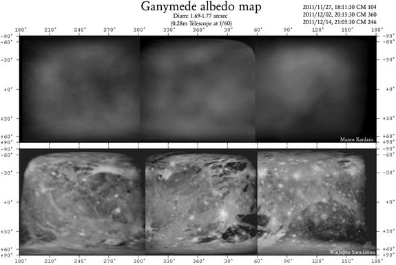 The original observations (top) and interpretations (bottom) of the first ever amateur albedo map of Ganymede.
