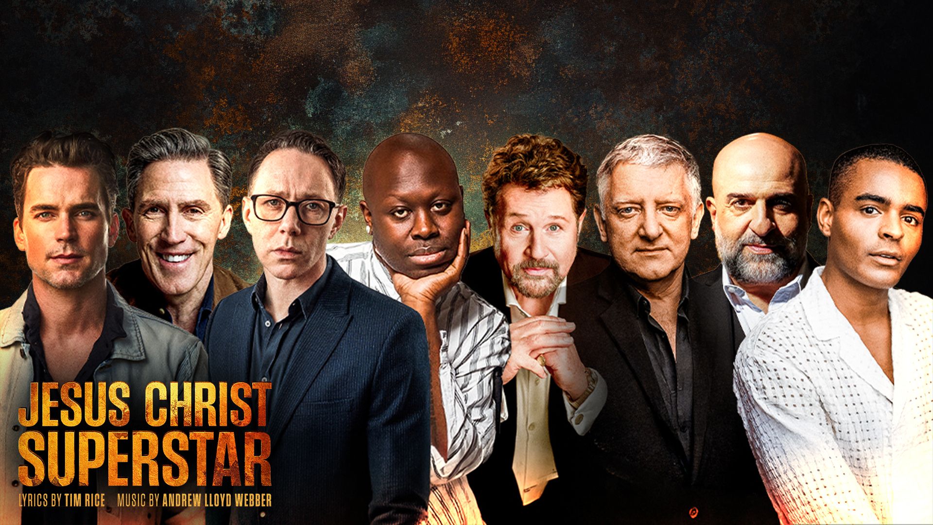 a promotional image for Jesus Christ Superstar showing the guest stars playing Herod. From L-R they are: Matt Bomer, Rob Brydon, Reece Shearsmith, Bob the Drag Queen, Michael Ball, Simon Russel Beale, Omid Djalili, and Layton Williams
