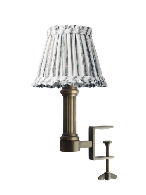Bronte Cordless Bookshelf Light in Bronze With 6" Blue Ticking Bloomer Linen Empire Shade