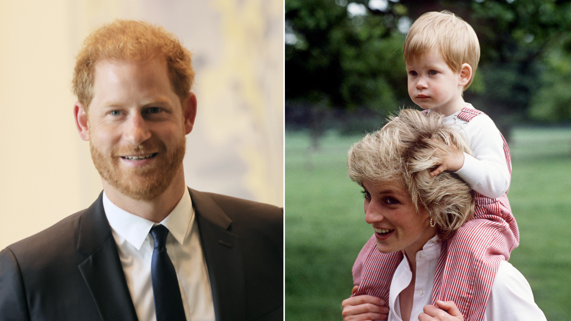 Prince Harry has red hair, is smiling, and is wearing a black suit with a white shirt, and a young Prince Harry sits on his mother Princess Diana's shoulders and holds on to her blonde hair
