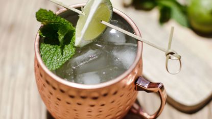 Mint julep, Moscow mule, Drink, Cocktail garnish, Lime, Caipirinha, Mojito, Plant, Herb, Food, 