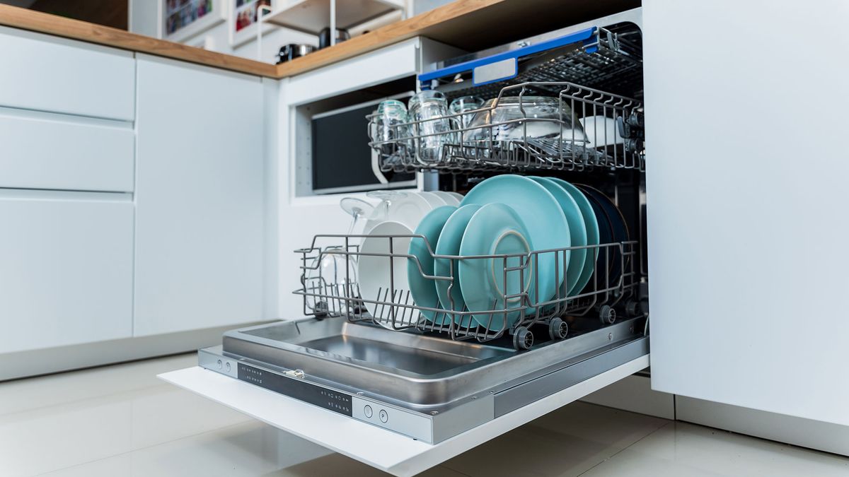 Open dishwasher showing a clean load