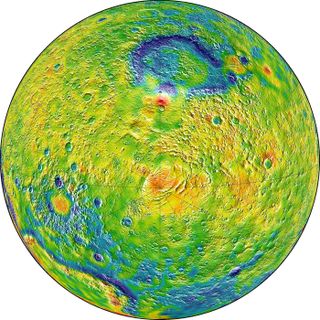Ths map of Martian gravity shows the south pole of the Red Planet (center). White and red colors denote areas of higher gravity. Blue regions indicate areas of lower gravity.