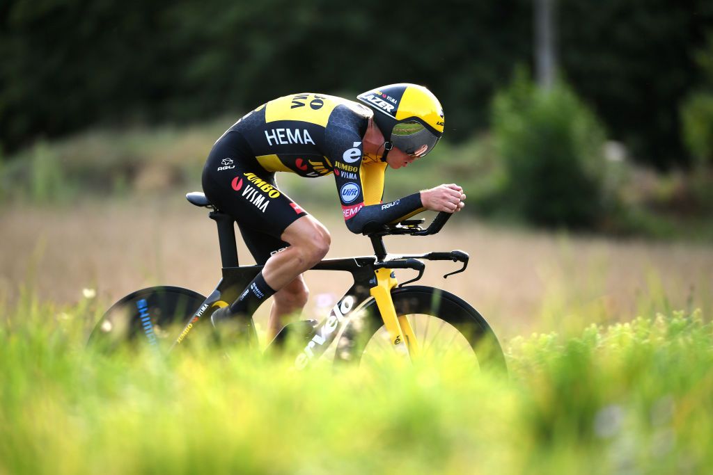 SANTIAGO DE COMPOSTELA SPAIN SEPTEMBER 05 Sepp Kuss of United States and Team Jumbo Visma sprints during the 76th Tour of Spain 2021 Stage 21 a 338 km Individual Time Trial stage from Padrn to Santiago de Compostela lavuelta LaVuelta21 ITT on September 05 2021 in Santiago de Compostela Spain Photo by Tim de WaeleGetty Images