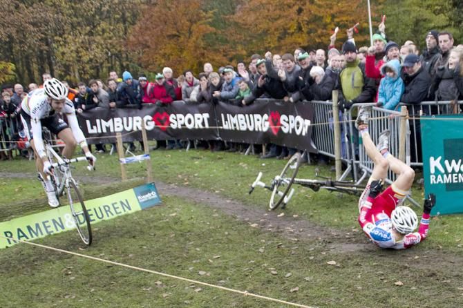 Niels Albert comes up on a downed Kevin Pauwels