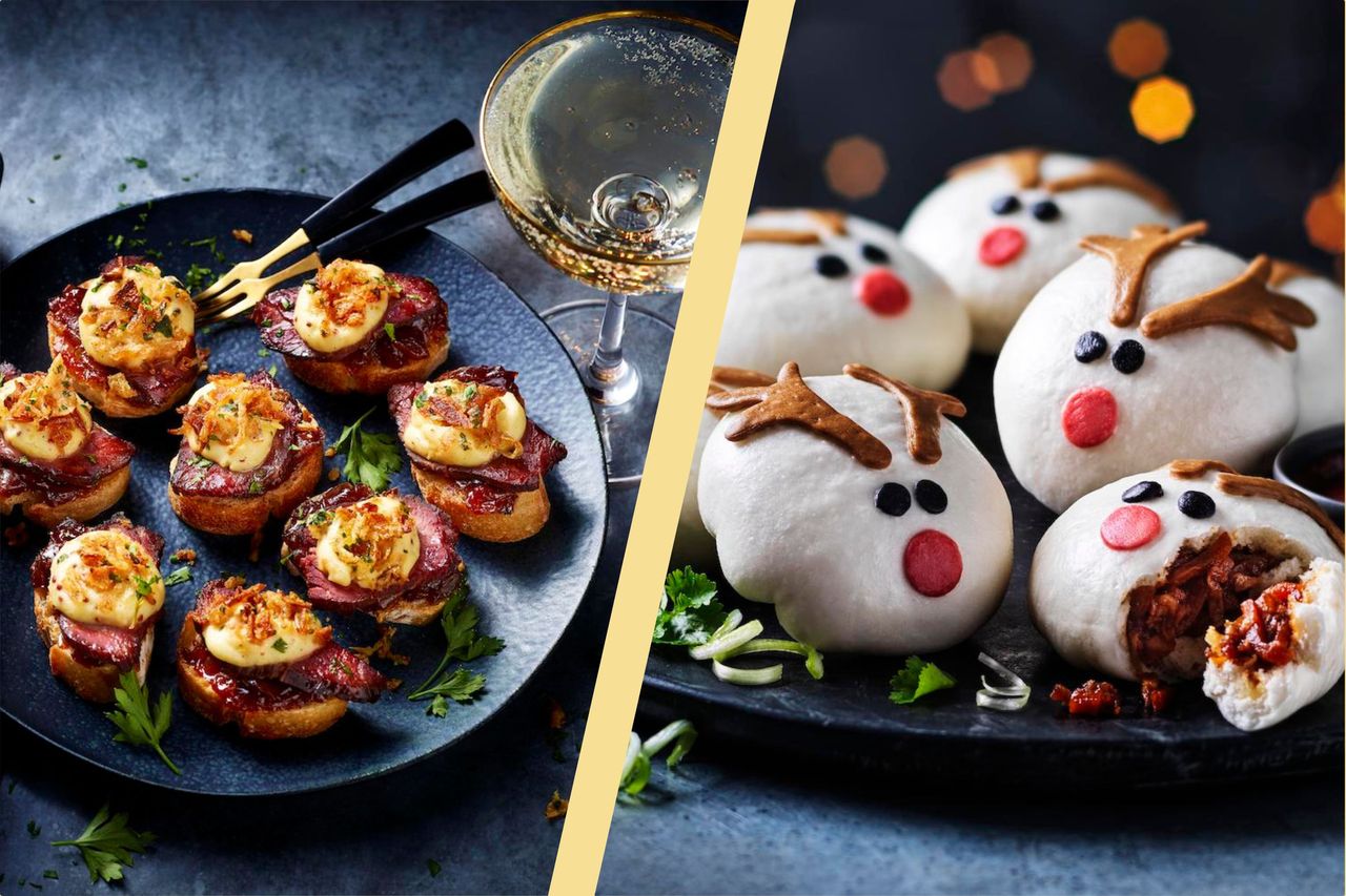 M&amp;S Christmas Food order items in split screen mini steak sandwiches and reindeer shaped steamed buns