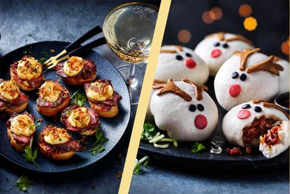M&S Christmas Food order items in split screen mini steak sandwiches and reindeer shaped steamed buns