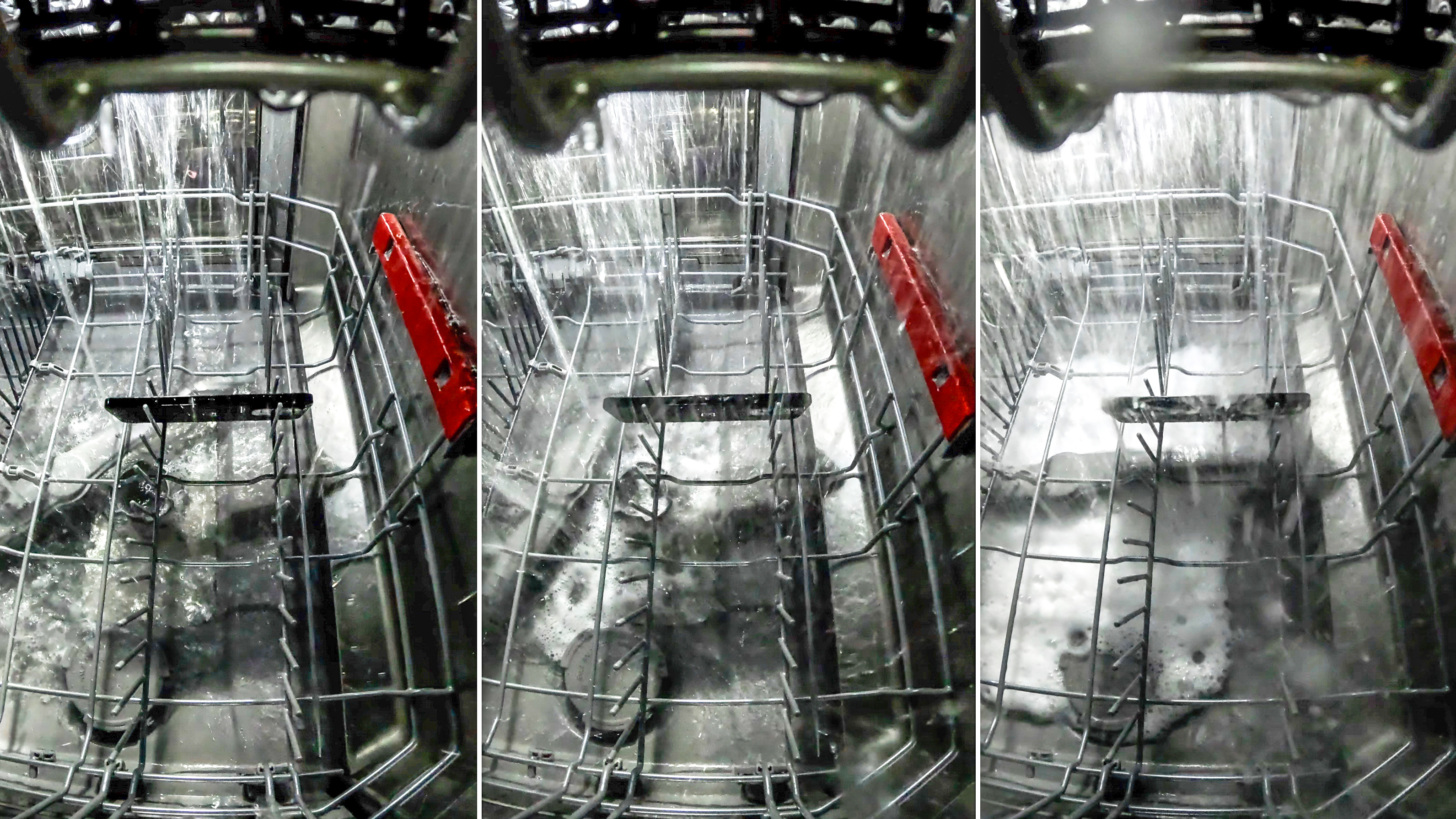 OnePlus 15R at three points during the dishwasher cycle