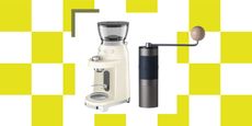 A cutout of a cream Smeg coffee grinder next to a cutout of a gray and black KIN manual coffee grinder on yellow and white checkerboard background.